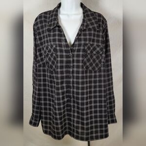 KIM ROGERS Black and White Grid Print Button-up Blouse - Size 3X or Size 24W
